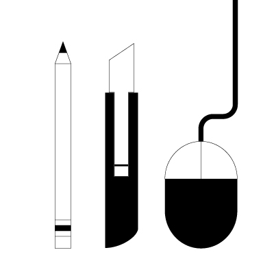 Disegno grafico di strumenti da disegno e mouse usati per realizzare libri e tavole tattili