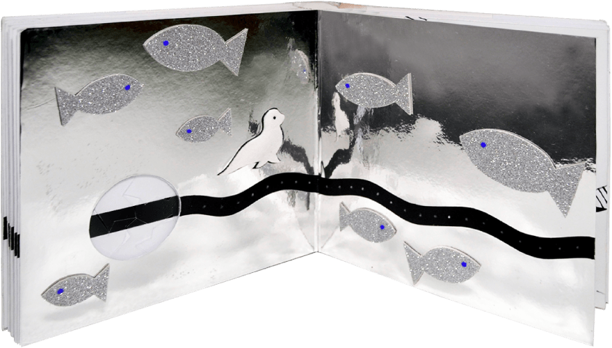 Illustration tactile avec poisson et petit phoque en relief dans une mer en miroir